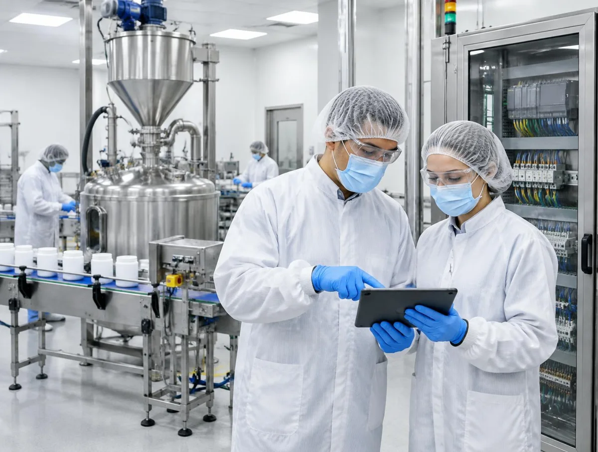 Engineers in hair covers, masks, safety glasses, coats and gloves reviewing a tablet beside a PLC cabinet, dosing hopper, mixer and conveyor