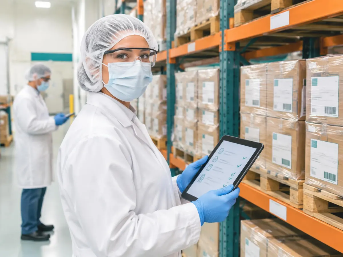 Quality manager in hairnet, mask, safety glasses, lab coat and gloves holding a tablet with a document checklist beside racked, labelled finished-goods cases, a colleague in protective clothing behind