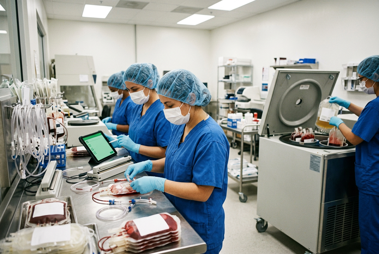 Blood bank technologist in lab coat and purple gloves operating a plasma extractor with satellite bag system separating red cells, plasma and platelets