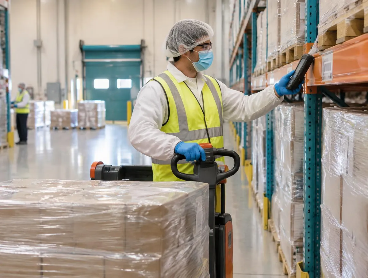 Operator in hair cover, mask, safety glasses, white coat, hi-vis vest and gloves with a pallet truck scanning a racking label
