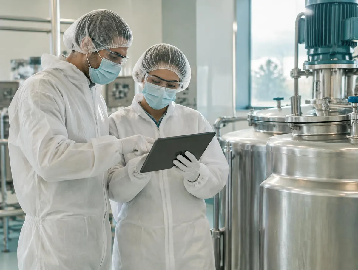 Two engineers in hair covers, masks, safety glasses, coveralls and gloves reviewing a tablet beside stainless mixing vessels
