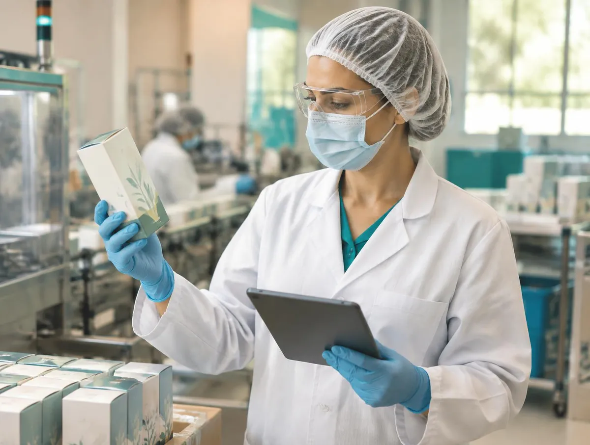 Quality specialist in hair cover, mask, safety glasses, lab coat and gloves inspecting a returned carton while holding a tablet beside a packing line