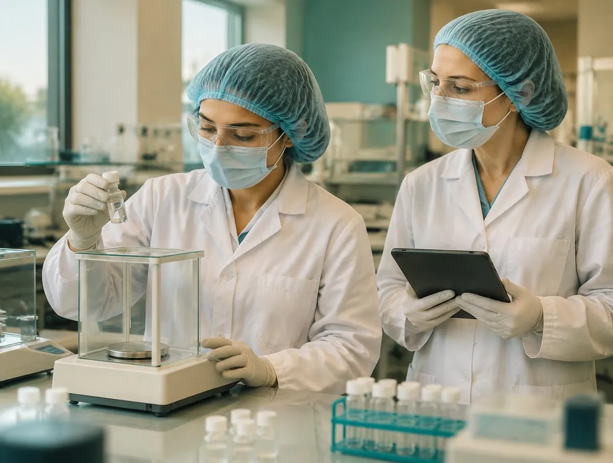Analyst in hair cover, mask, safety glasses, lab coat and gloves re-checking a vial at a balance while a reviewer in the same protective clothing holds a tablet