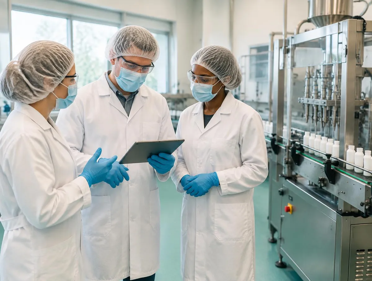 Three team members in hair covers, masks, safety glasses, lab coats and gloves discussing a tablet beside a bottle filling line