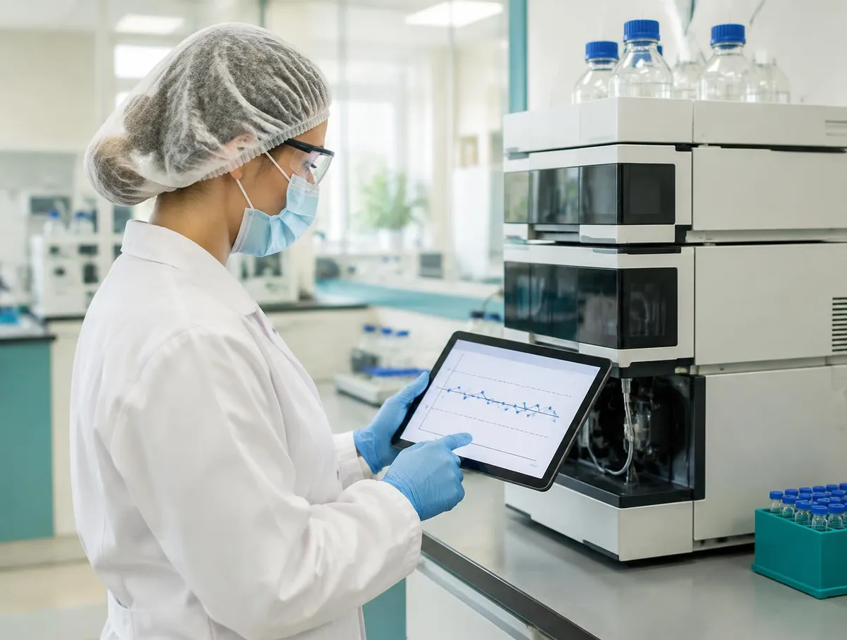 Chemist in hair cover, mask, safety glasses, lab coat and gloves reviewing a control chart on a tablet next to an HPLC instrument