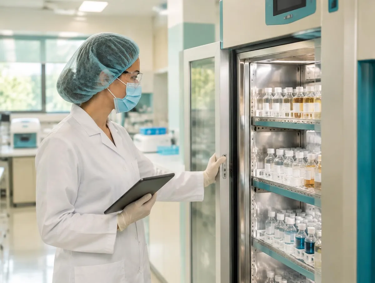 Analyst in hair cover, mask, safety glasses, lab coat and gloves opening a stability chamber of labelled sample bottles while holding a tablet