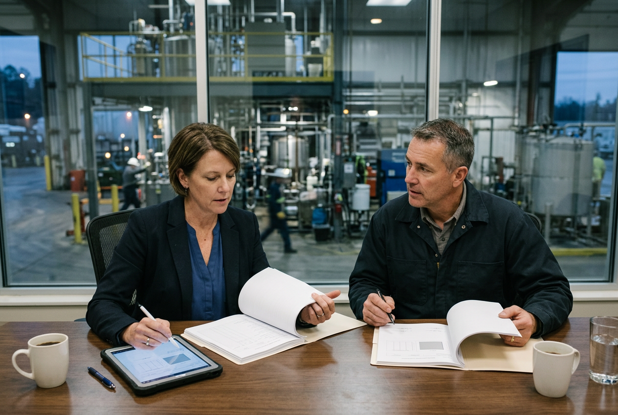 QA reviewer in a modern office reviewing an electronic batch record for an agrochemical product on dual monitors with trend charts and orderly shelves of orange EPA-style label proofs and binders