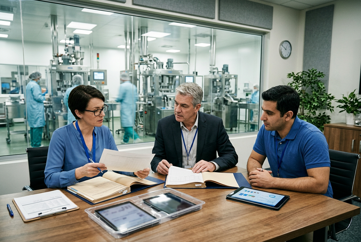 Pharmaceutical QA reviewer in a modern office reviewing a digital batch manufacturing record on dual monitors with trend charts and orderly wall of compliance binders