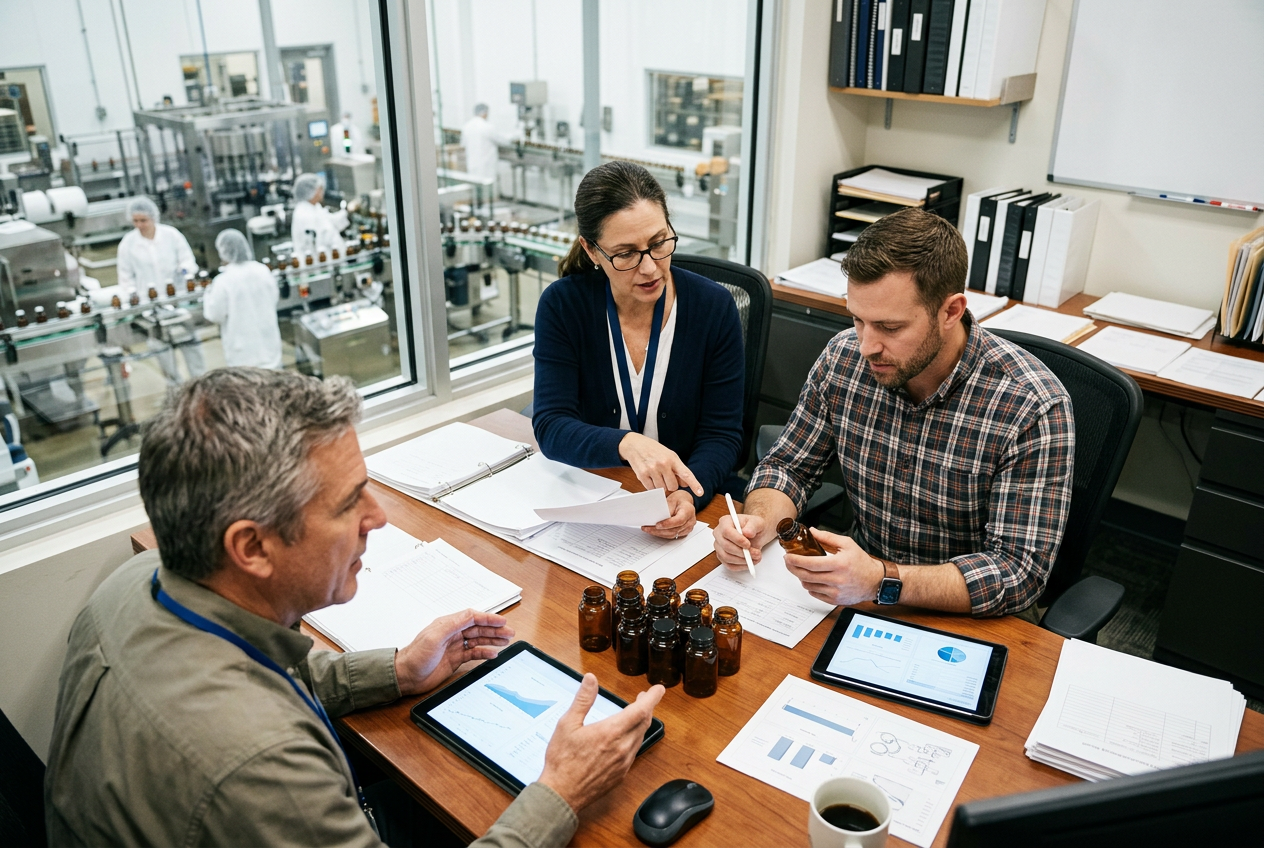 Supplements QA reviewer in a modern office reviewing an electronic Batch Production Record on dual monitors with trend charts and shelves of technical binders