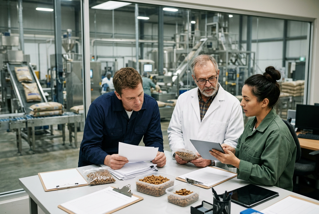 Ingredients QA reviewer in a modern office reviewing an electronic Certificate of Analysis template on dual monitors with spec limits and micro results visible