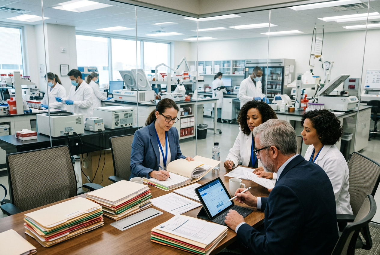 Medical director in white lab coat reviewing an electronic donor record on dual monitors with trend charts and orderly regulatory binders behind