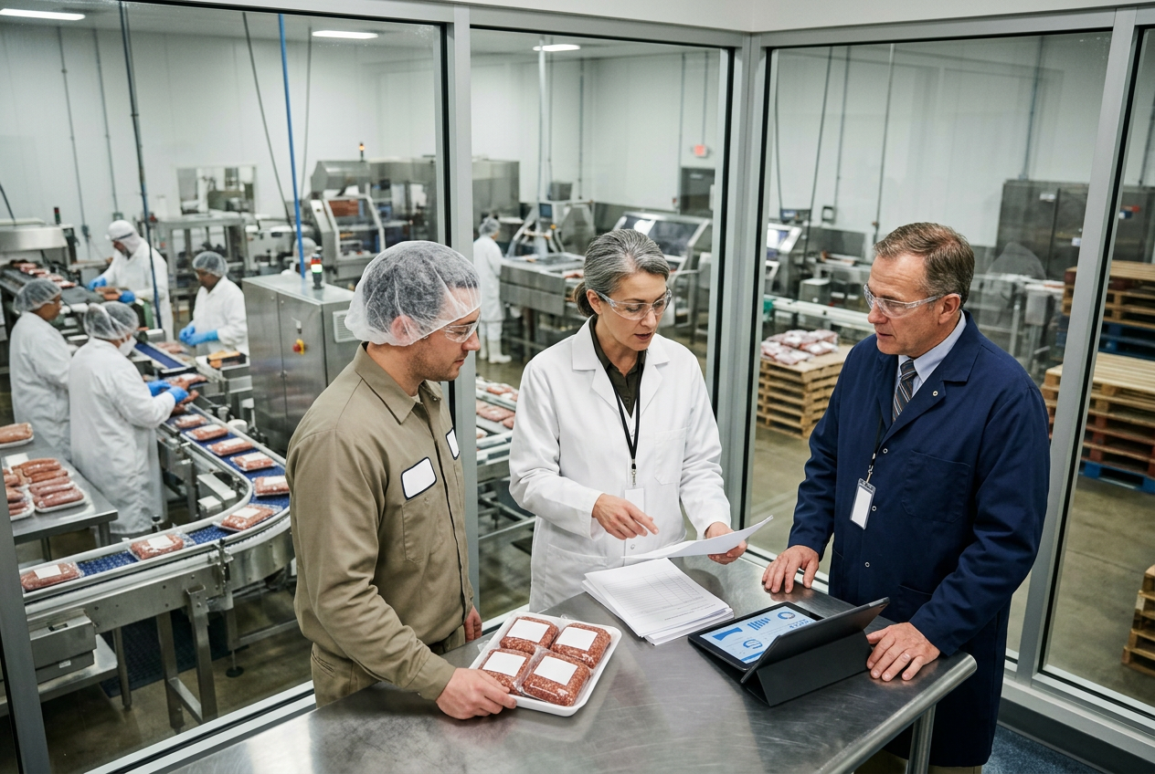 Ingredients QA reviewer in a modern office reviewing an electronic Certificate of Analysis template on dual monitors with spec limits and micro results visible