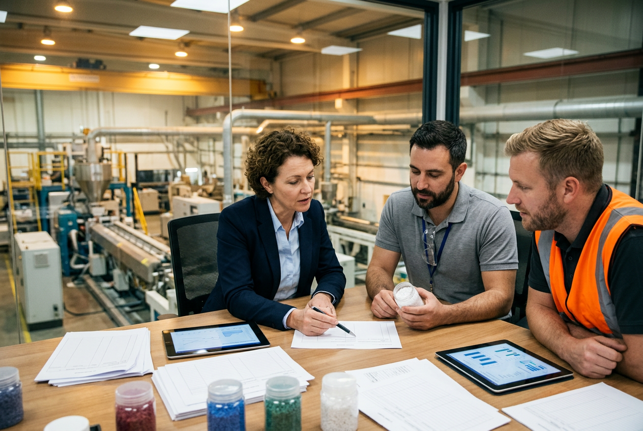 Polymer QA reviewer in a modern office reviewing an electronic Certificate of Compliance and REACH SVHC substance report on dual monitors with resin grade spec limits and test results visible