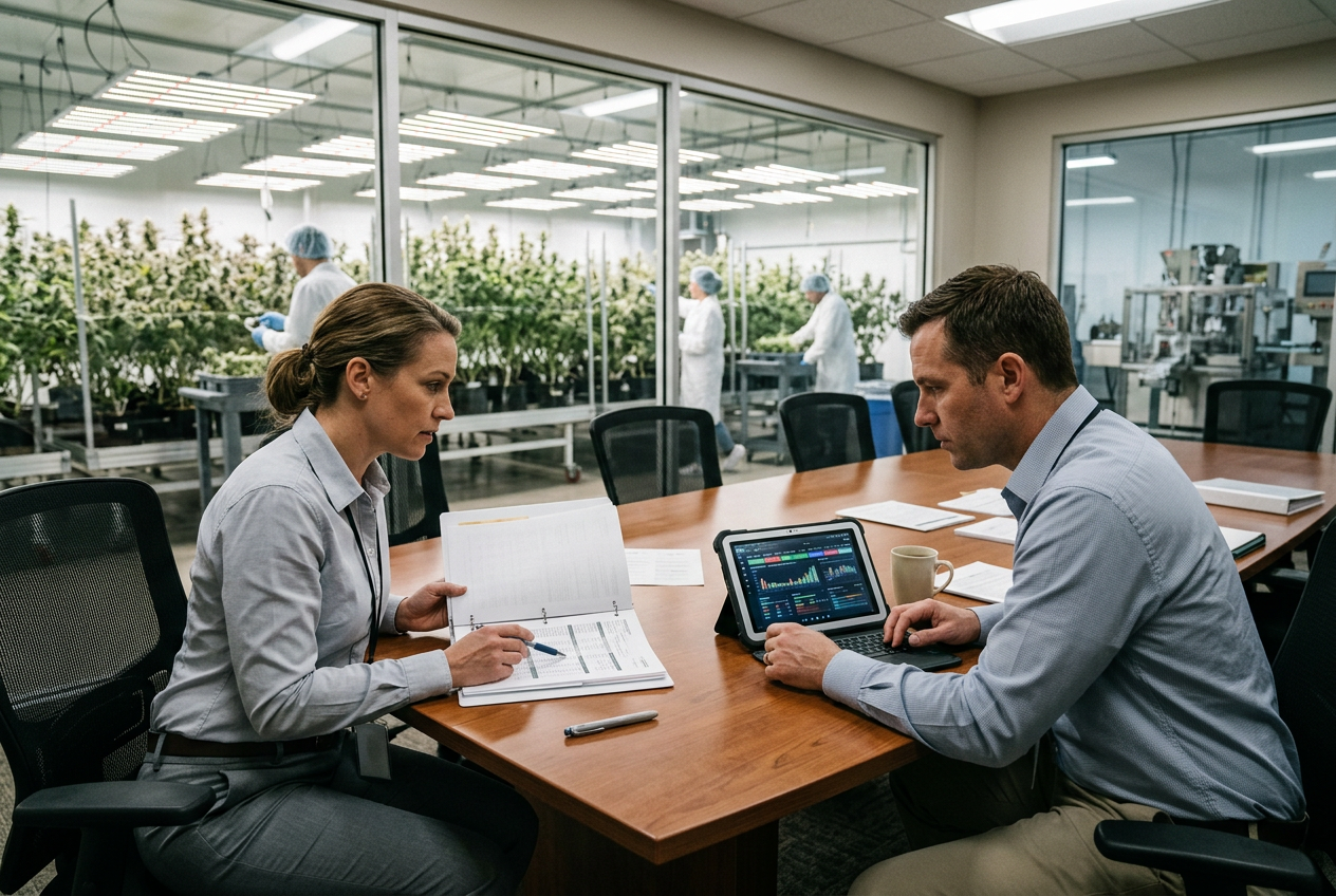Cannabis QA reviewer at a modern desk reviewing a digital batch record on dual monitors showing trend charts and CoA data, cannabis leaf motif on wall and orderly compliance binders on shelf