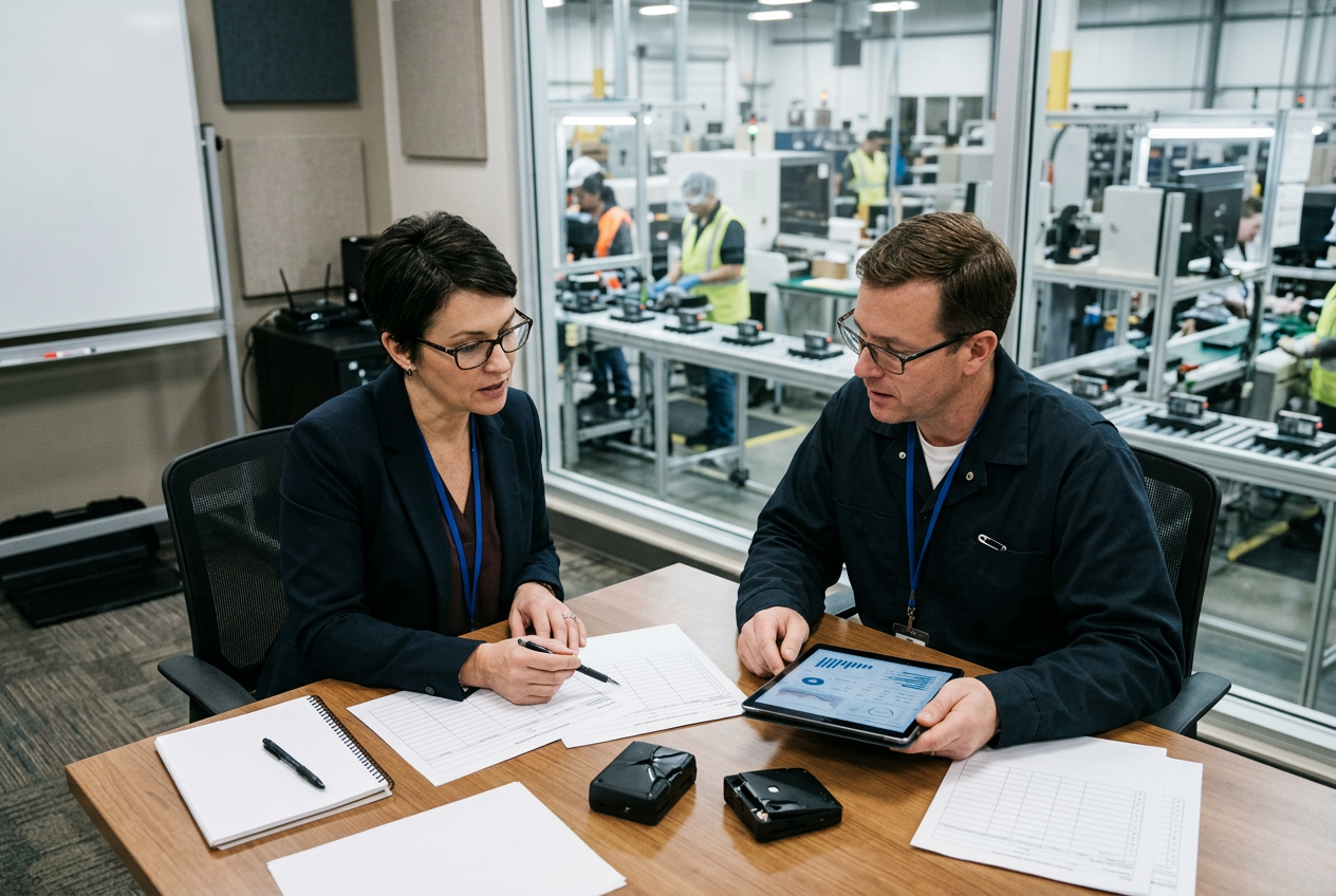 Consumer products QA reviewer in a modern office reviewing an electronic Device History Record on dual monitors with torque traces and shelves of technical files