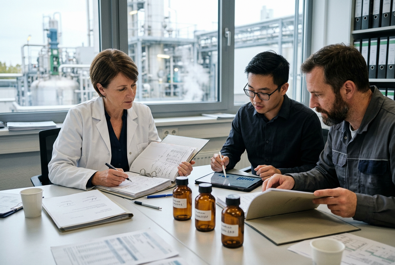 QA reviewer in a modern office reviewing an electronic batch record for a specialty chemical on dual monitors with trend charts and orderly shelves of binders