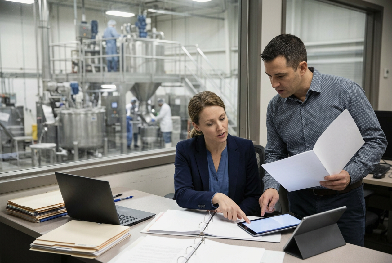 Ingredients QA reviewer in a modern office reviewing an electronic Certificate of Analysis template on dual monitors with spec limits and micro results visible
