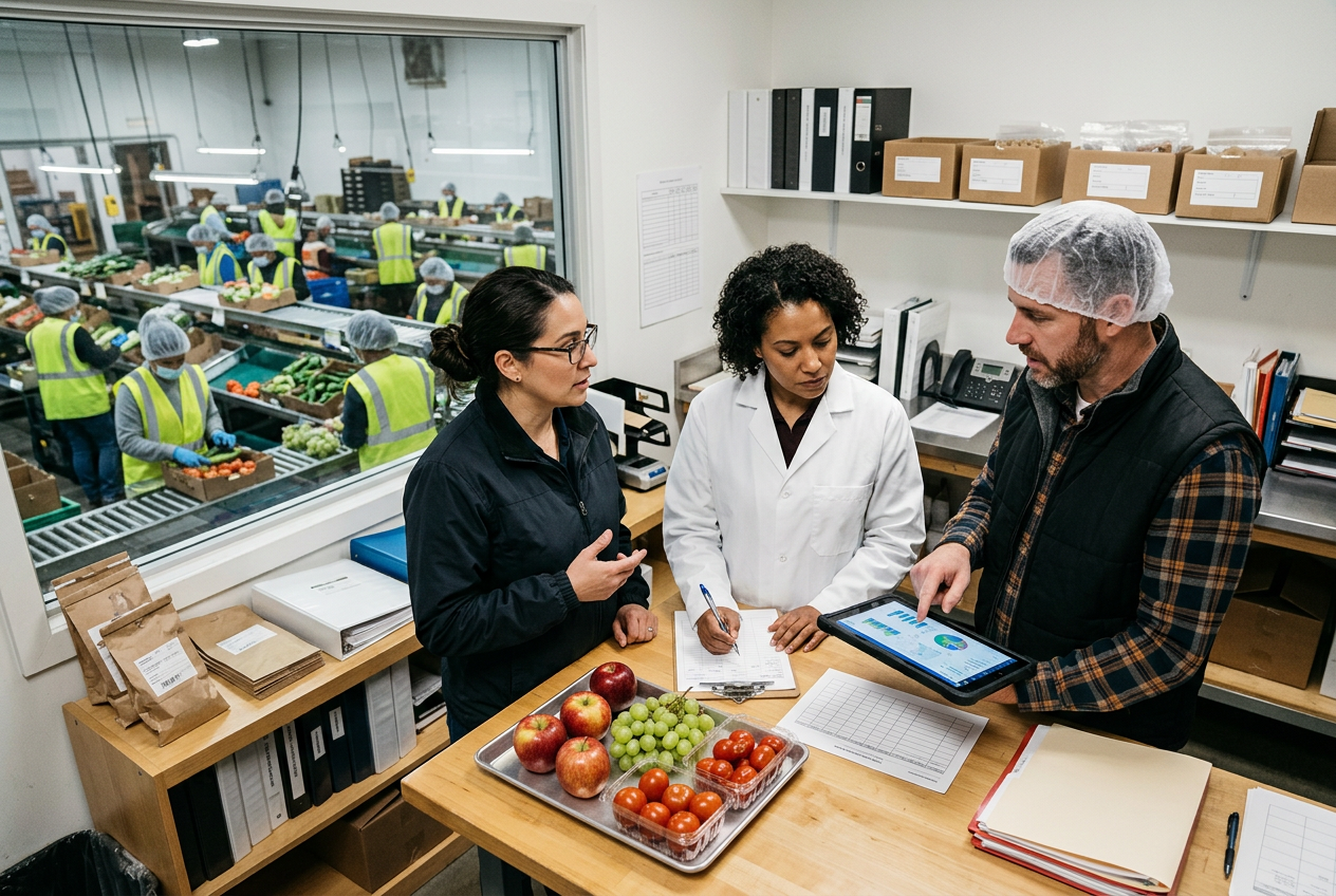 Ingredients QA reviewer in a modern office reviewing an electronic Certificate of Analysis template on dual monitors with spec limits and micro results visible