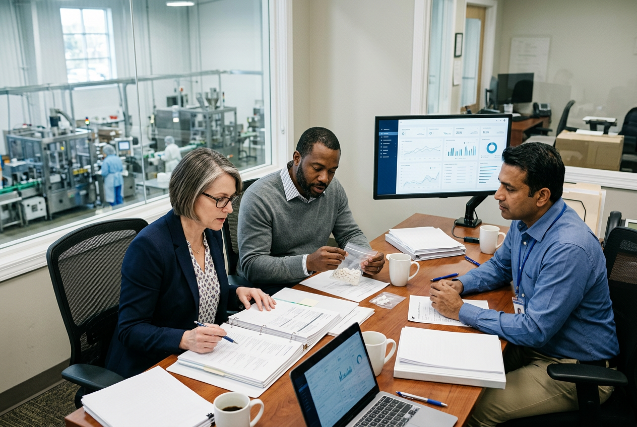 Ingredients QA reviewer in a modern office reviewing an electronic Certificate of Analysis template on dual monitors with spec limits and micro results visible