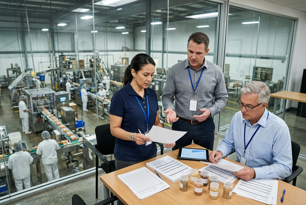 Food safety QA reviewer in a modern office reviewing an electronic HACCP food safety plan on dual monitors with CCP trend charts and shelves of technical binders behind