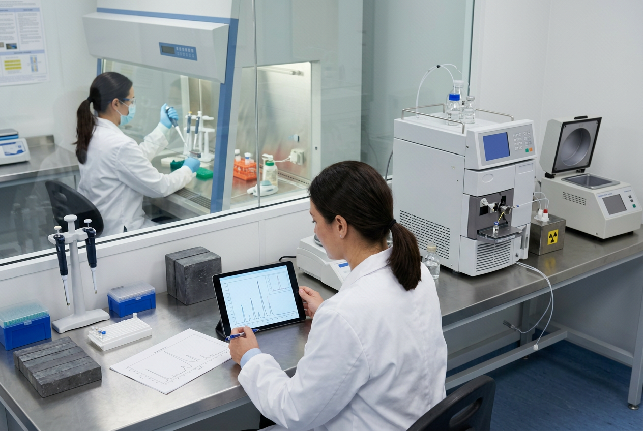 Radiopharma QC lab technician in cleanroom PPE running a gas chromatograph on a PET drug sample
