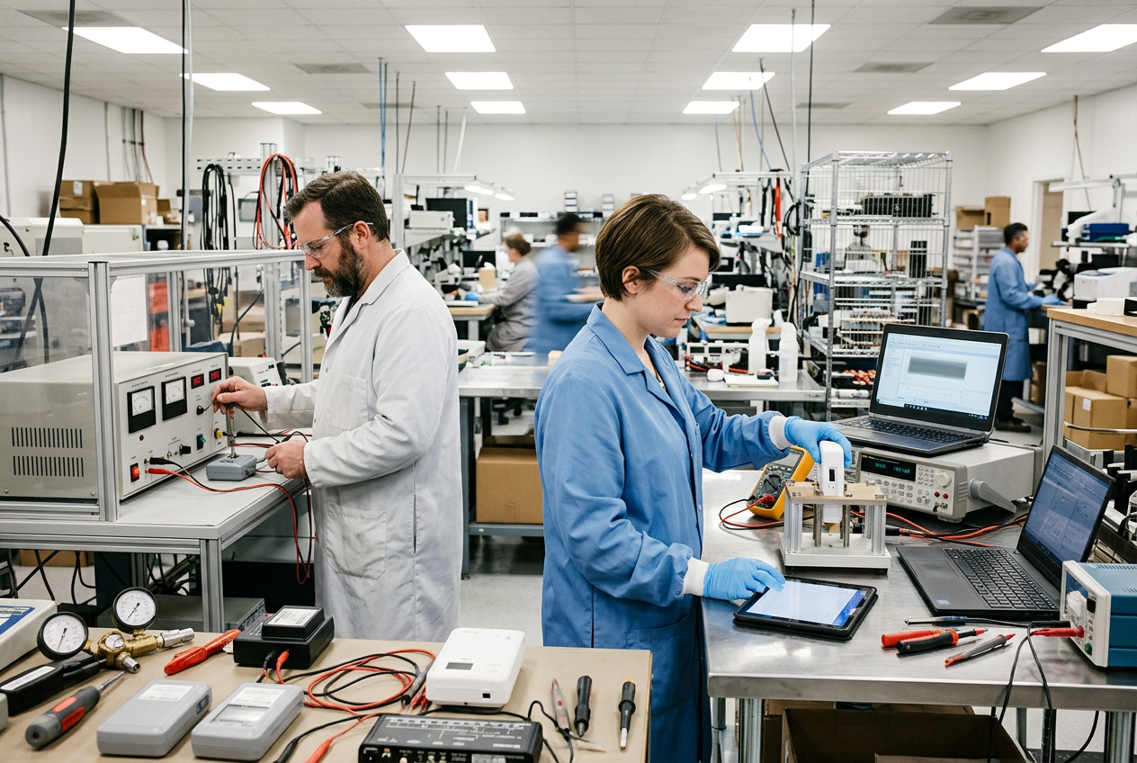 Consumer electronics QC lab bench with a HiPot dielectric strength tester and drop-test rig, technician in navy polo and lab coat inspecting a small appliance
