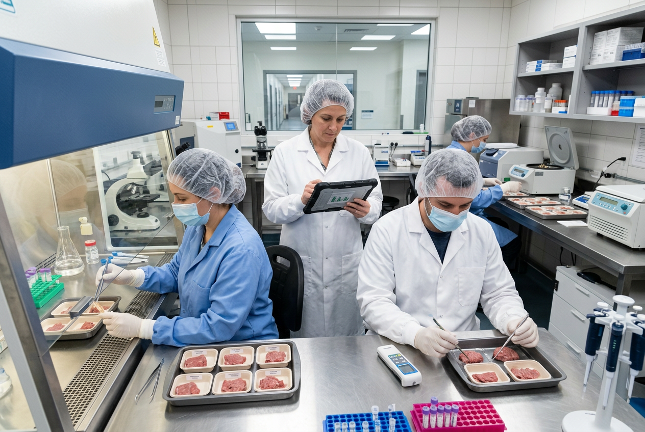 Ingredients QC technician in white lab coat, hairnet and blue gloves at a lab bench with a moisture analyzer, particle size sieve stack, HPLC and small clear sample jars of powder labeled with lot codes