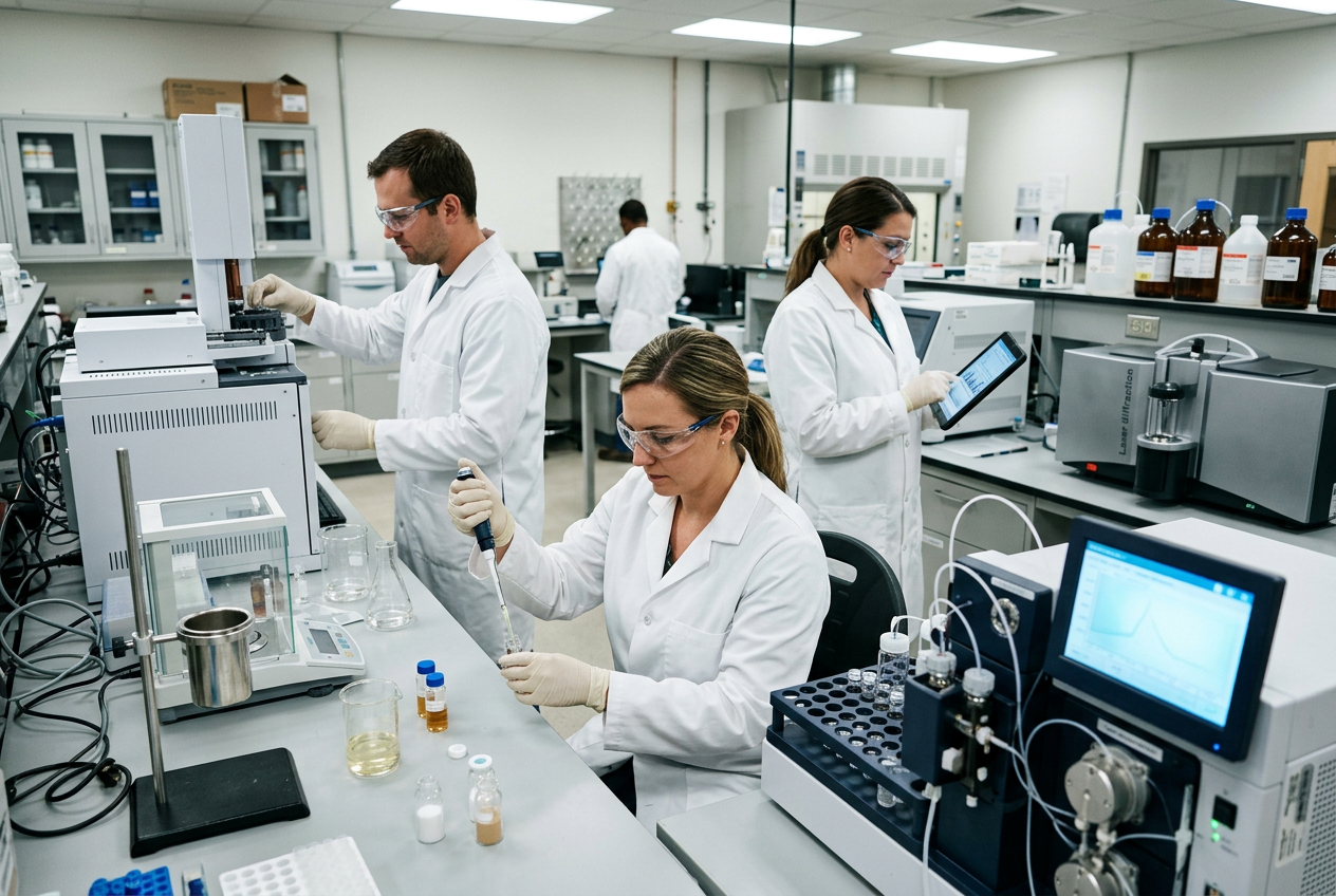 Analytical chemist in white lab coat and blue nitrile gloves loading a sample vial of green pesticide formulation into an HPLC autosampler in a modern agrochemical QC lab