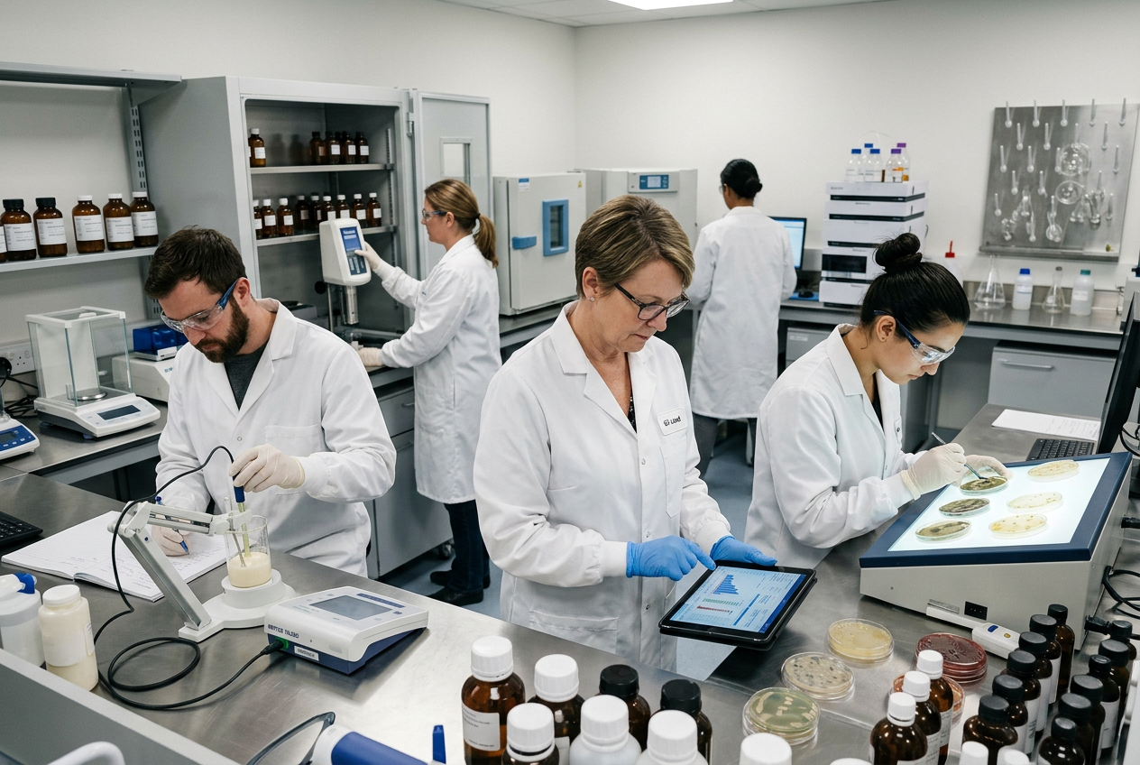Cosmetics QC microbiologist in a white coat and gloves inspecting an agar petri dish next to a viscometer sampling a jar of skin cream