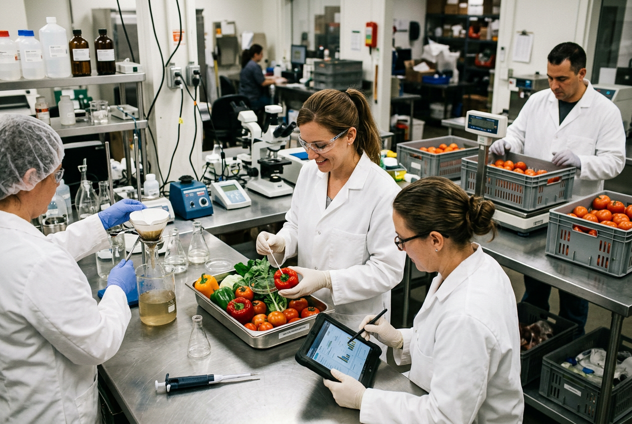 Ingredients QC technician in white lab coat, hairnet and blue gloves at a lab bench with a moisture analyzer, particle size sieve stack, HPLC and small clear sample jars of powder labeled with lot codes