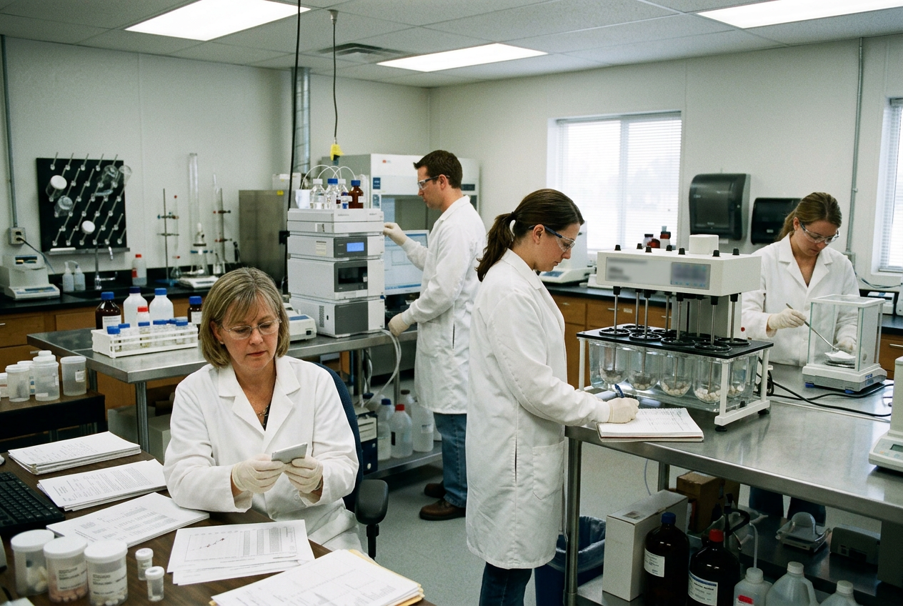 Ingredients QC technician in white lab coat, hairnet and blue gloves at a lab bench with a moisture analyzer, particle size sieve stack, HPLC and small clear sample jars of powder labeled with lot codes