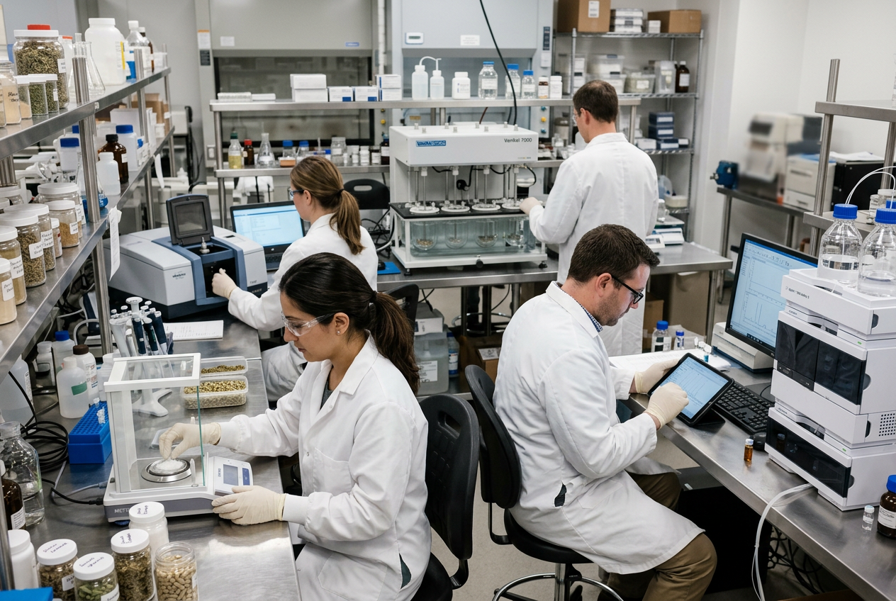 Supplements analytical chemist in a white lab coat and gloves running FTIR and HPLC identity tests on botanical ingredient samples in clear vials