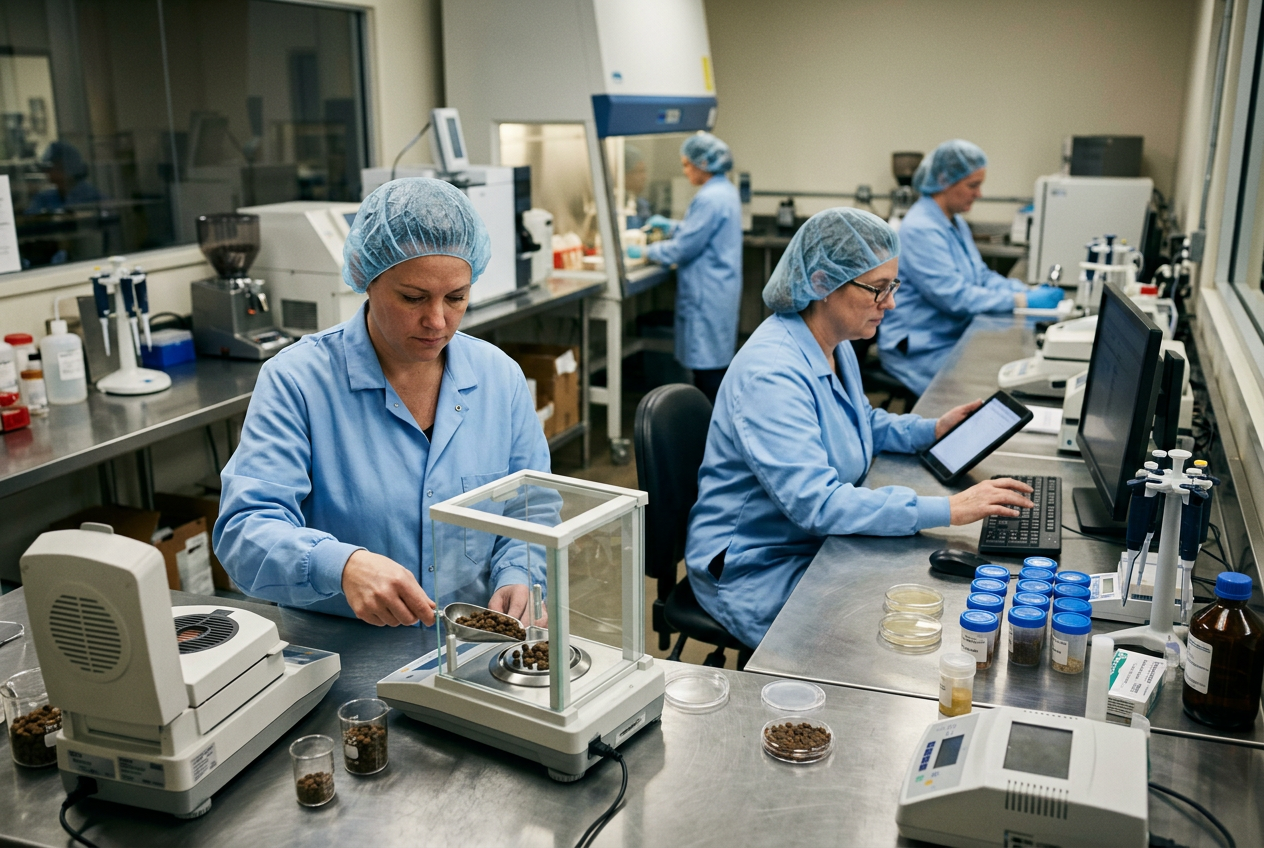 Ingredients QC technician in white lab coat, hairnet and blue gloves at a lab bench with a moisture analyzer, particle size sieve stack, HPLC and small clear sample jars of powder labeled with lot codes