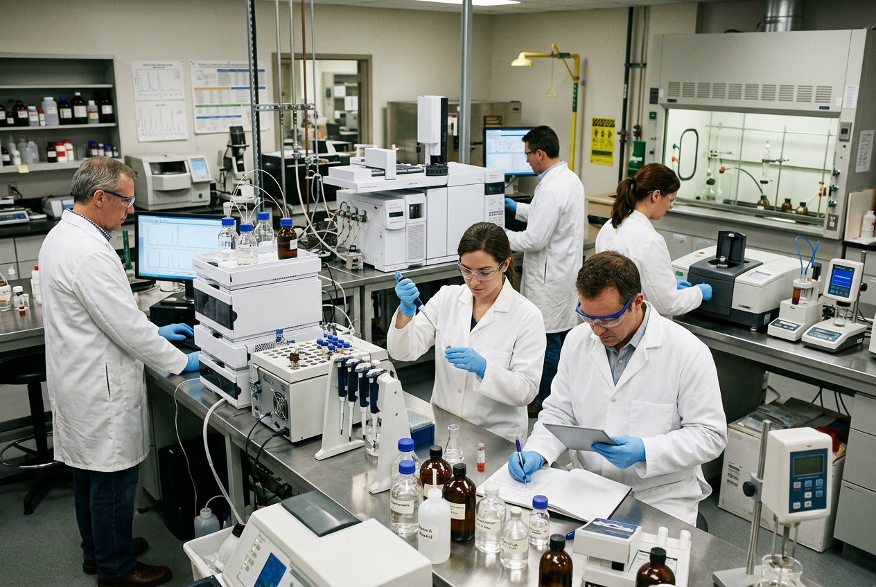 Analytical chemist in white lab coat and blue nitrile gloves loading a sample vial into an HPLC autosampler in a modern chemistry QC lab