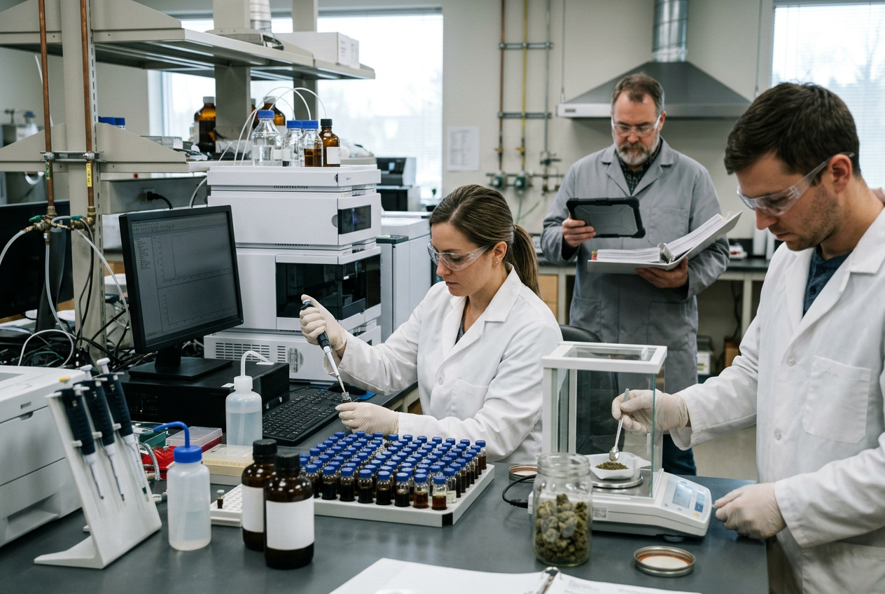 Cannabis QC chemist in white lab coat and blue nitrile gloves loading an amber sample vial into an HPLC autosampler beside a gas chromatograph in an ISO 17025 style lab