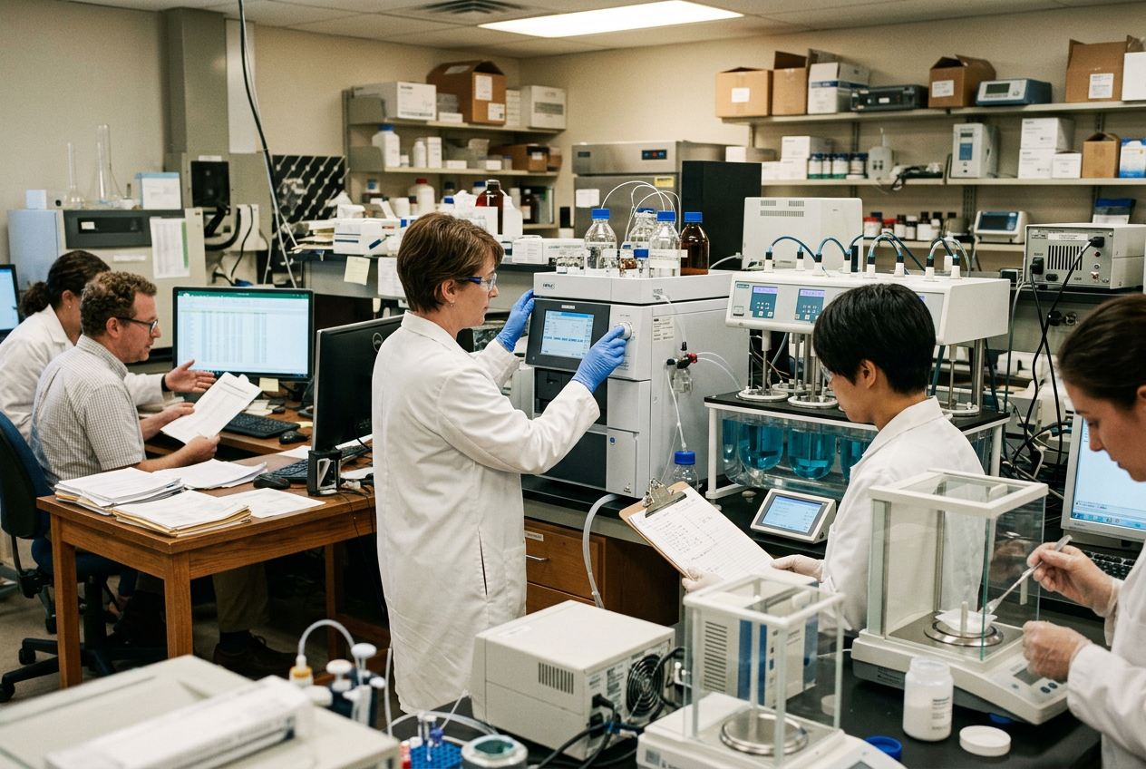 Pharmaceutical QC chemist in white lab coat and blue nitrile gloves loading a sample vial into an HPLC autosampler with dissolution tester in the background