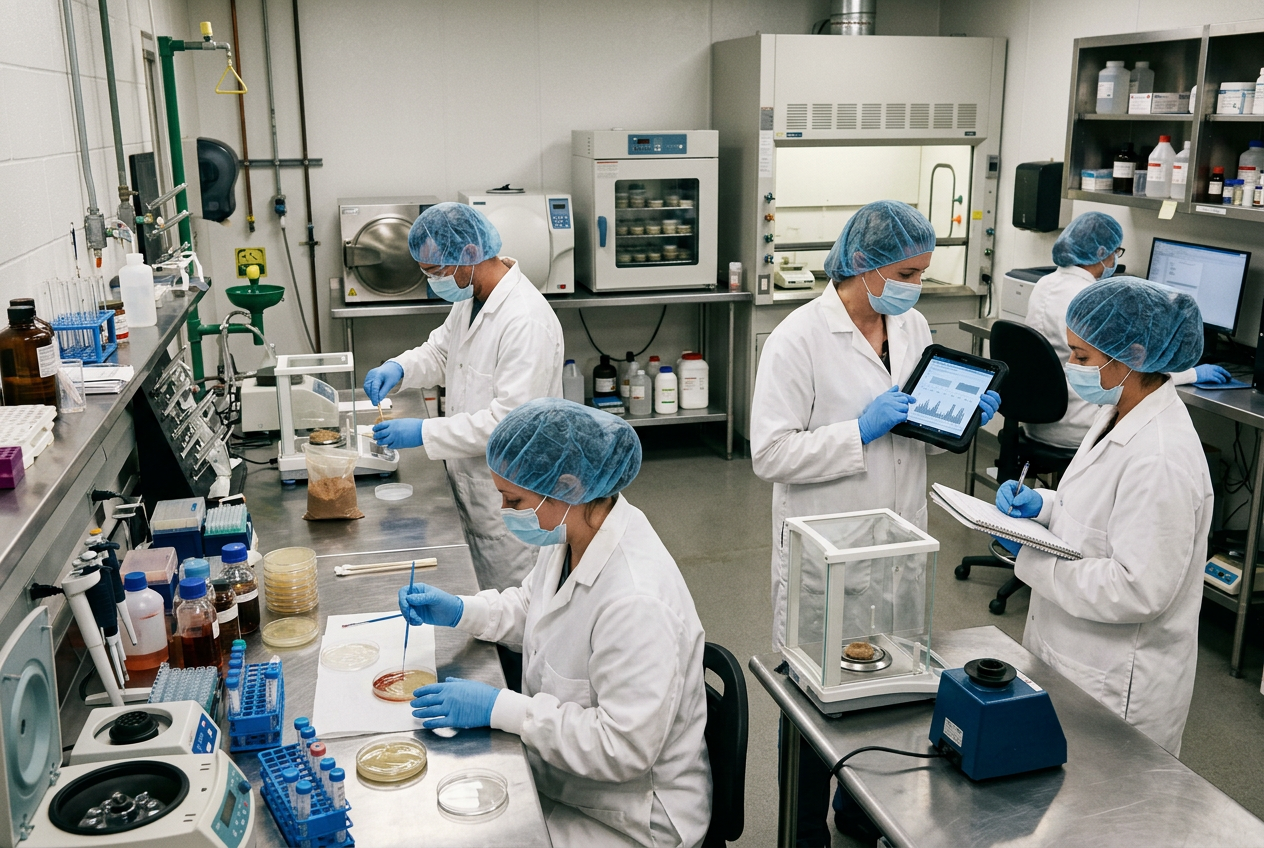 Food QC microbiologist in white lab coat, hairnet and blue gloves inspecting an agar petri dish with pathogen swabs and finished food product samples in clear tubs in a food microbiology lab