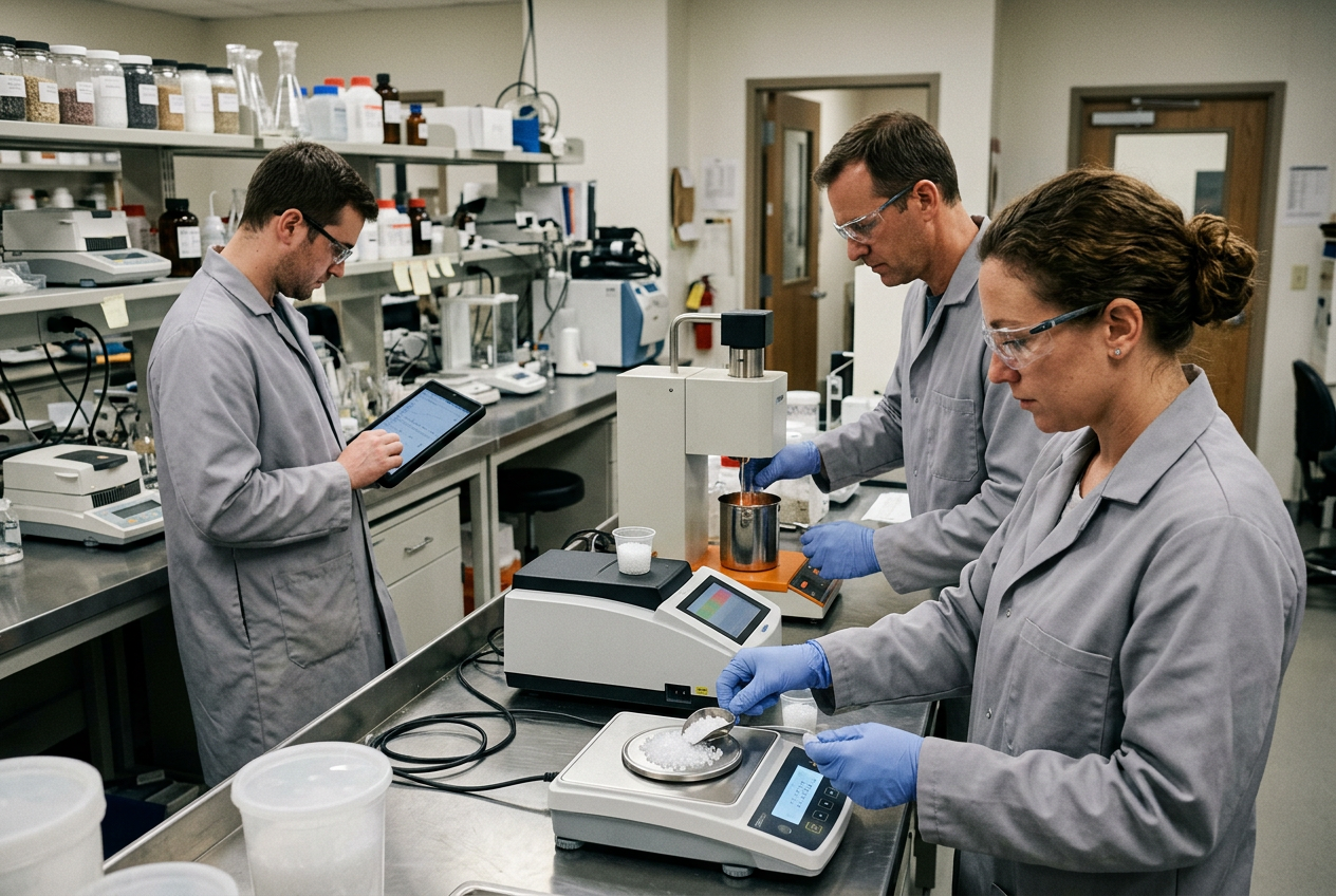 Polymer QC technician in white lab coat and safety glasses at a lab bench with a melt flow indexer, tensile tester, FTIR spectrometer and small clear sample jars of plastic pellets labeled with lot codes