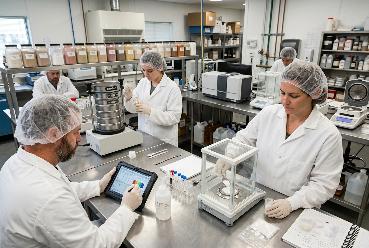 Ingredients QC technician in white lab coat, hairnet and blue gloves at a lab bench with a moisture analyzer, particle size sieve stack, HPLC and small clear sample jars of powder labeled with lot codes