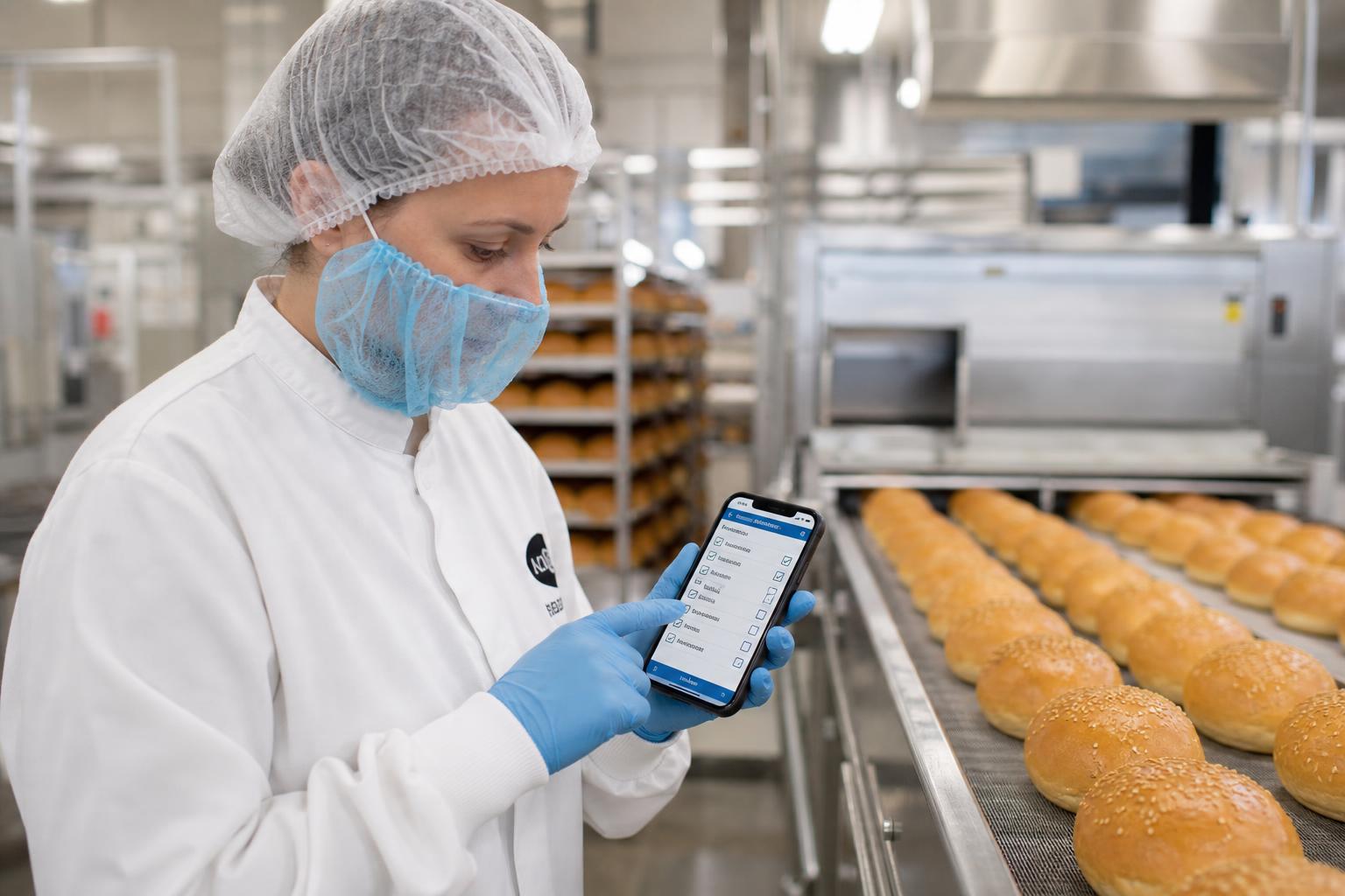 Bakery QA technician in food-safe PPE running a digital quality checklist on her phone next to a conveyor of freshly baked buns