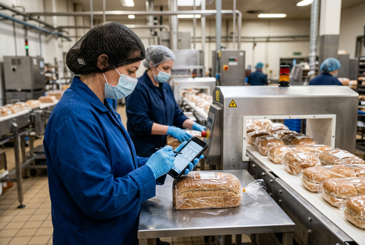 Bakery QA technician in food-safe PPE running a digital quality checklist on her phone next to a conveyor of freshly baked buns
