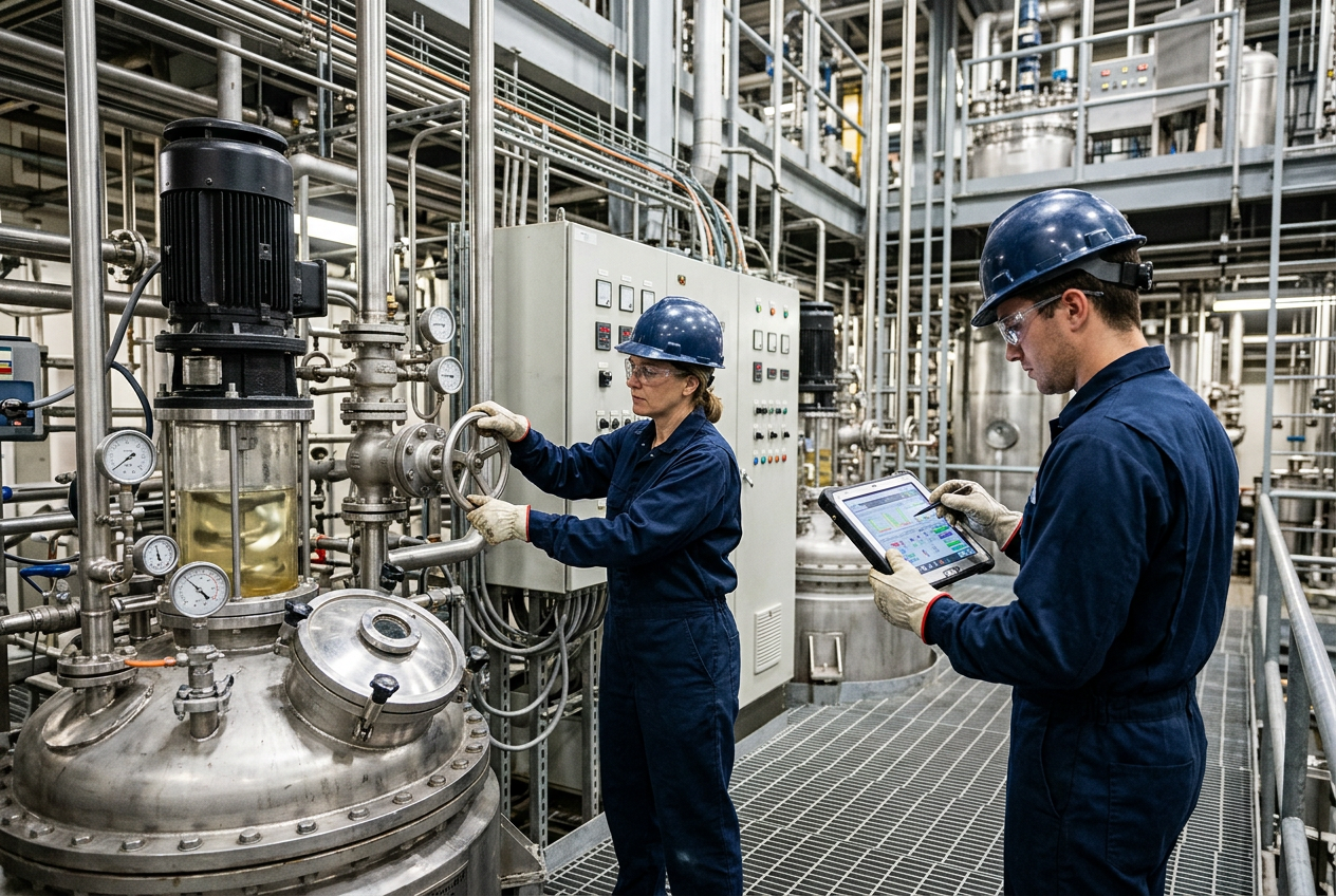 Chemical operator in Tyvek suit and full-face respirator charging a stainless steel jacketed reactor with amber intermediate under a local exhaust ventilation hood