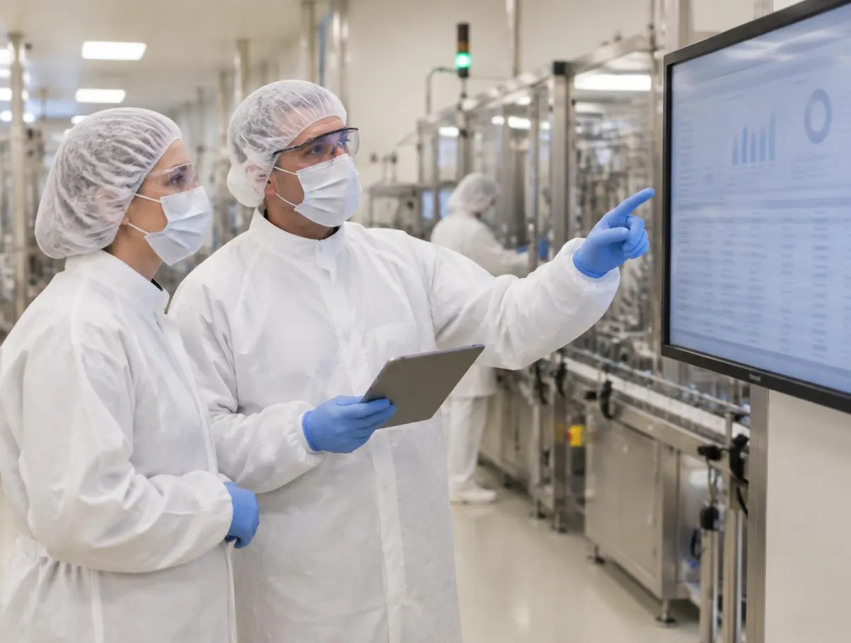 Quality manager in hair cover, mask, safety glasses and blue gloves pointing at a wall screen of records while holding a tablet, beside an auditor in the same protective clothing on a production floor