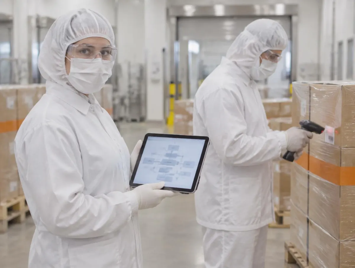 Quality lead in hood, mask, safety glasses, white coat and gloves holding a tablet with a branching diagram beside banded pallets while a colleague in the same protective clothing scans a case