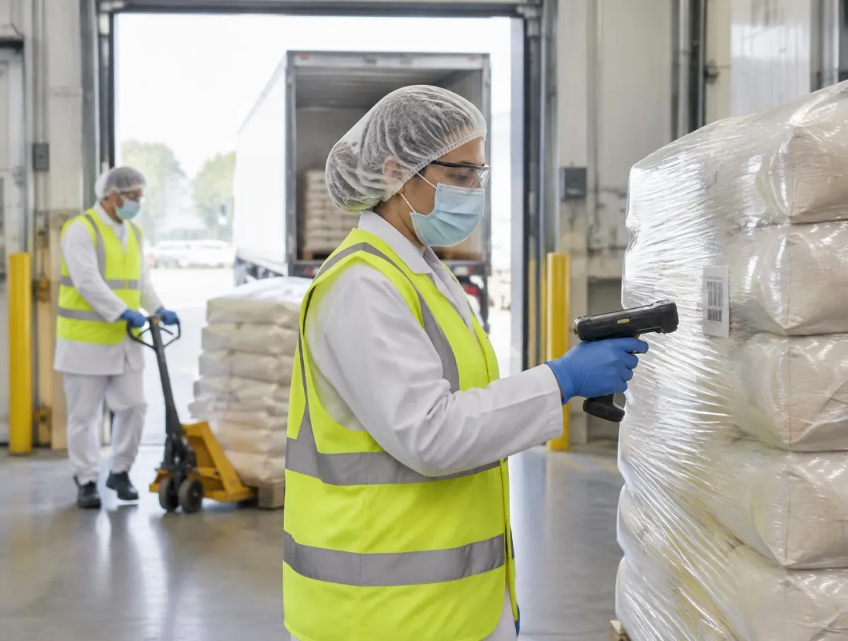 Receiver in hair cover, mask, safety glasses, white coat, hi-vis vest and gloves scanning a wrapped pallet of sacks at a dock while a colleague in the same protective clothing moves a pallet truck