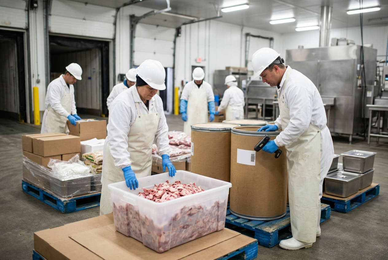 Sausage & meat ingredient receiving dock with a warehouse operator in white smock, hairnet and blue nitrile gloves scanning a barcode label on a pallet of combo bins of trim of beef & pork trim