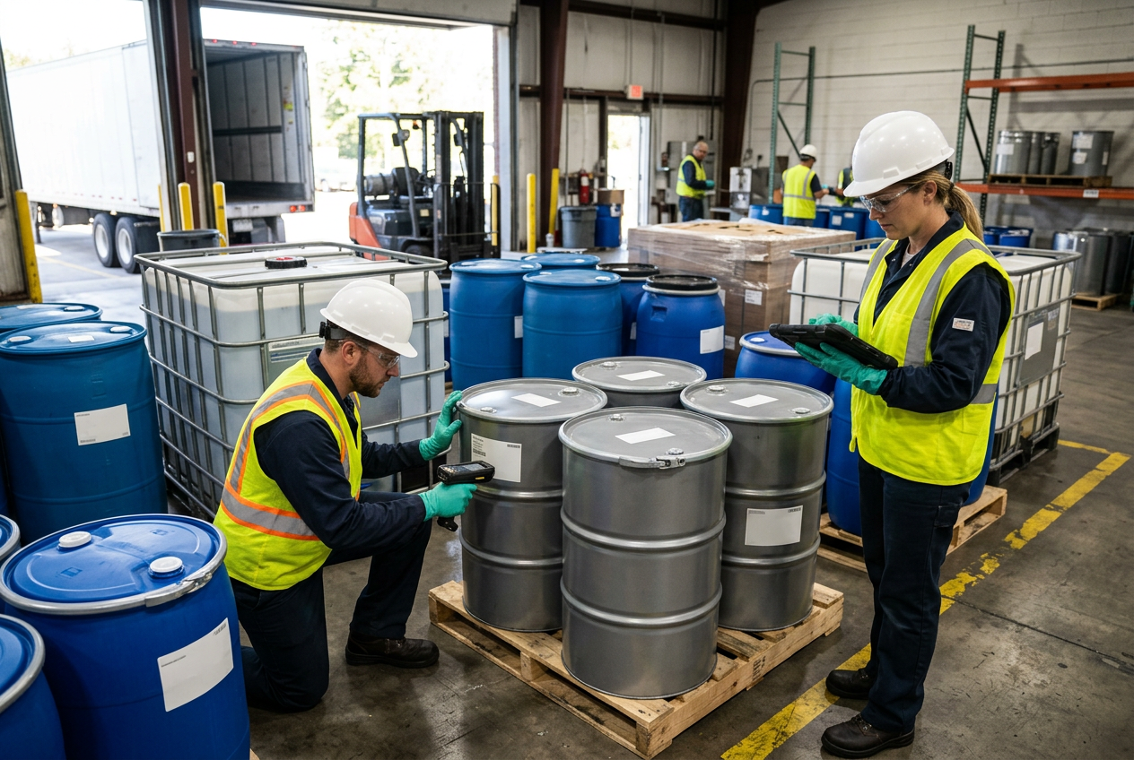 Warehouse operator in high-vis vest and nitrile gloves scanning a barcode on a shrink-wrapped pallet of blue plastic chemical drums in a hazmat storage rack