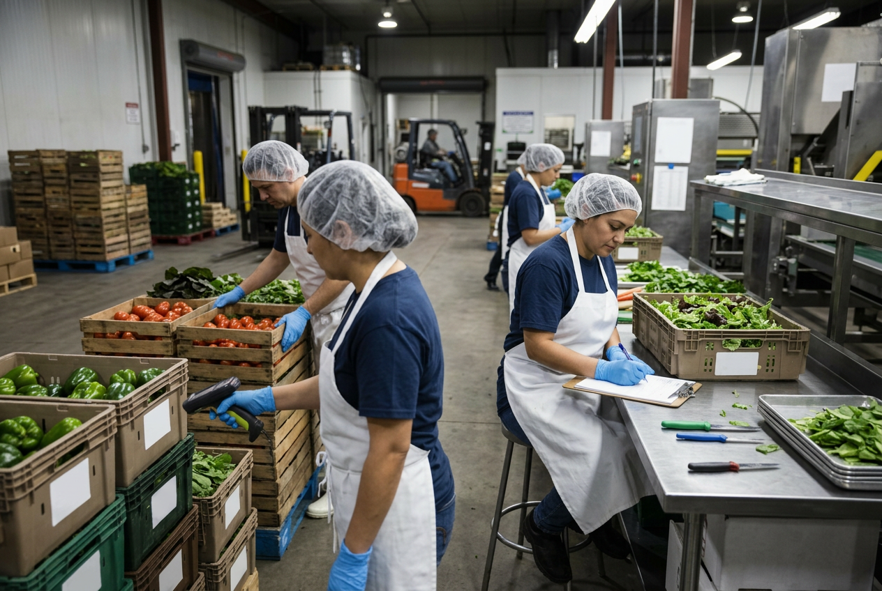 Produce packing ingredient receiving dock with a warehouse operator in white smock, hairnet and blue nitrile gloves scanning a barcode label on a pallet of field bins of romaine leaf
