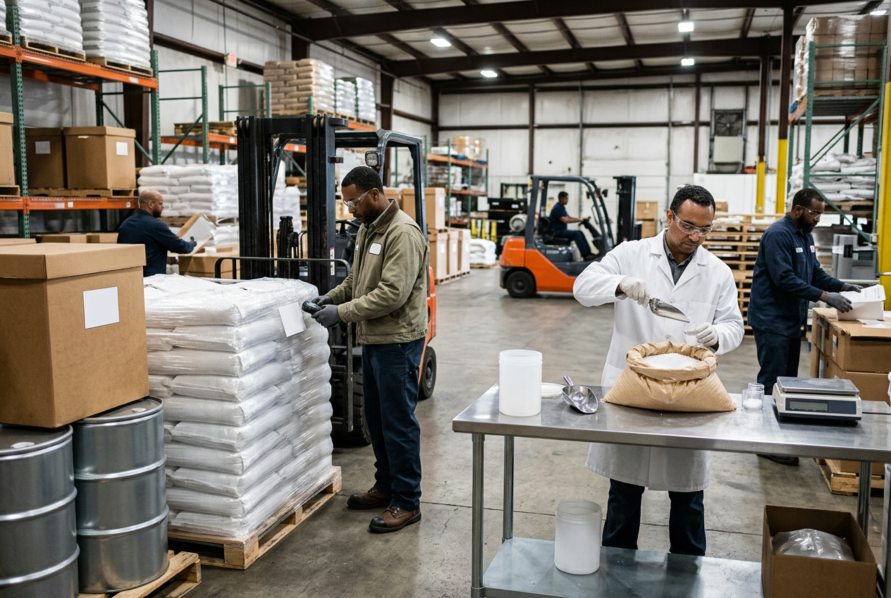 Plastic resin receiving dock with a warehouse operator in safety vest and hard hat scanning a barcode label on a stack of 25-kg kraft bags and gaylord boxes of virgin polymer pellets and color masterbatch