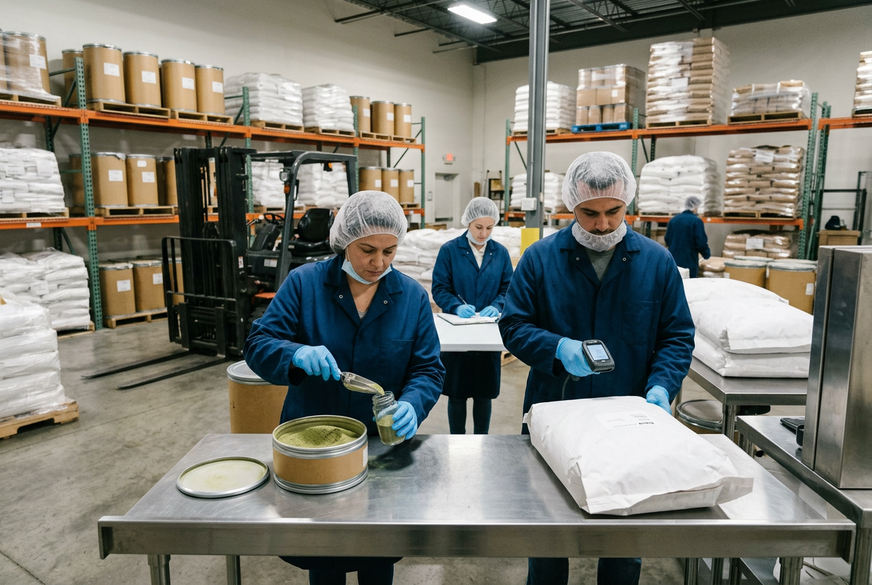 Warehouse operator in white smock, hairnet and nitrile gloves scanning a barcode label on a shrink-wrapped pallet of fiber drums of botanical ingredient powder at goods-in